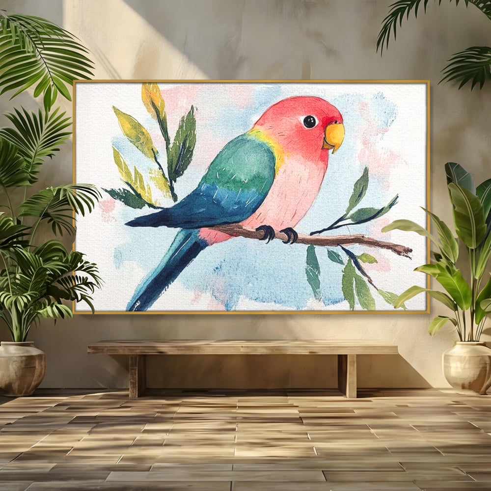 Tablou canvas cu tablou canvas cu papagal colorat, in rama de aluminiu auriu